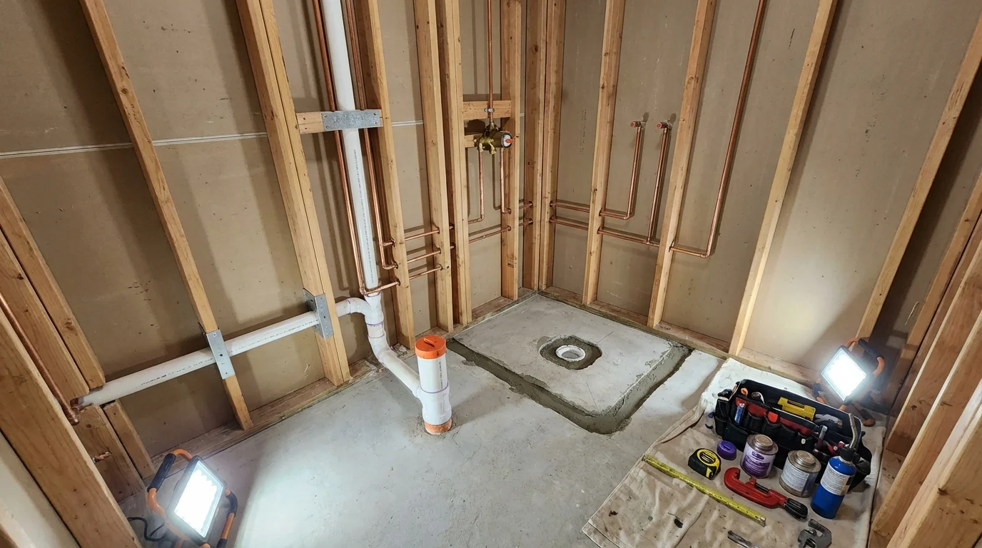 Bathroom rough-in plumbing during remodel by Johns Plumbing LLC in Saxapahaw