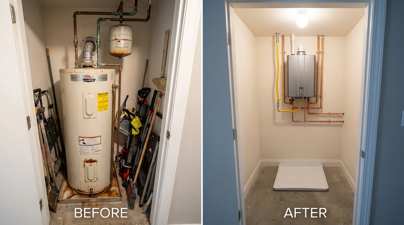 Tank water heater versus wall-mounted tankless unit comparison for Saxapahaw, NC homeowners