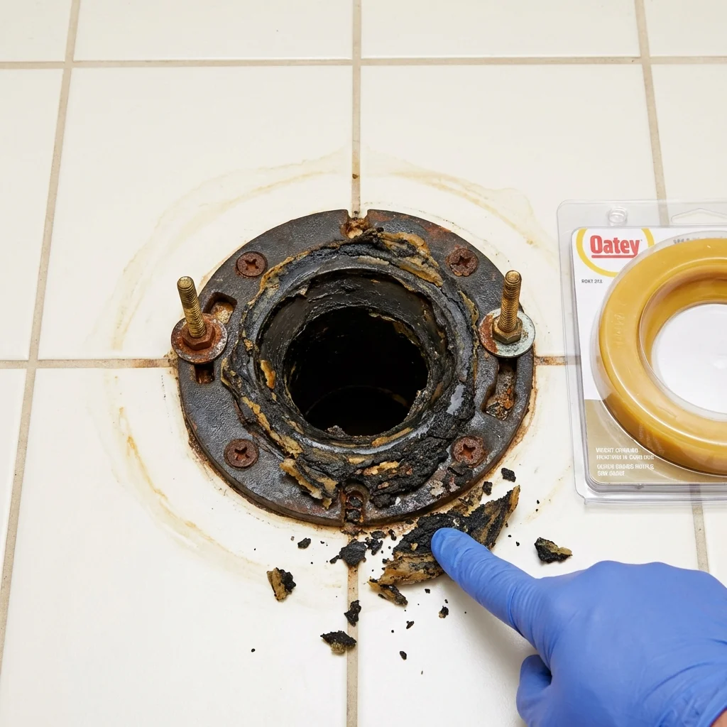 Failed wax ring showing water seepage at the base of a toilet in a Saxapahaw, NC home