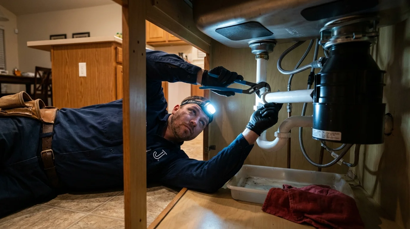 P-trap and supply line connections under a kitchen sink showing a common leak point in Saxapahaw, NC